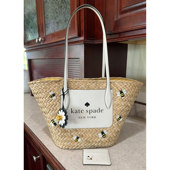 Kate Spade Honey Bee Straw Tote Bag With Matching Wallet Woven Straw Design Yell - Picture 1 of 9